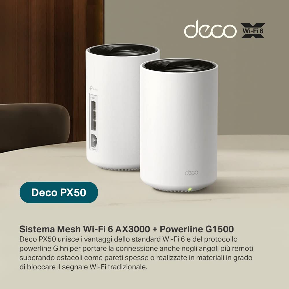 TP-Link Set mesh WLAN Deco PX50 Powerline (pacchetto di 3), Wi-Fi 6 dual-band AX3000+ G.hn G1500, portata fino a 600 m², ideale per ambienti di grandi dimensioni e pareti spesse, WPA3, bianco