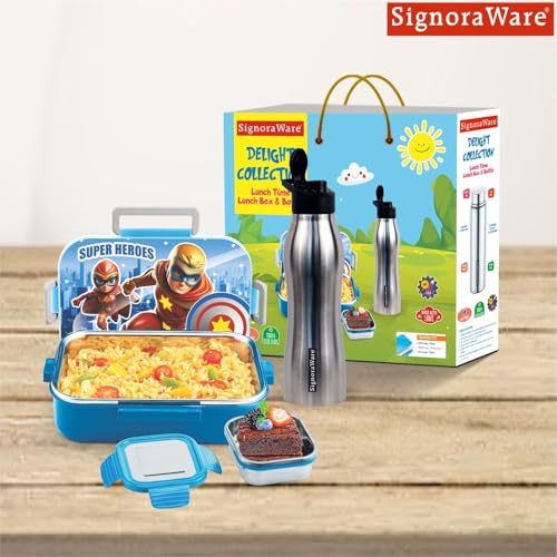 Image of SIGNORA WARE Delight C Chipmunk Stainless Steel Printed Lunch Box Set for Kids | Airtight Clip Lock Lid | Compact & Sleek Size | Great for Picnics & Outdoors (850ml + 160ml + 750ml Bottle | Blue)