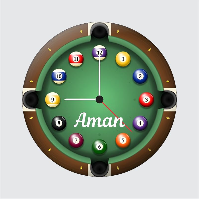Personalized Pool Table Wall Clock with Name | 12 Inch 6mm MDF Matte Finish | Custom Billiards Theme Wall Clock