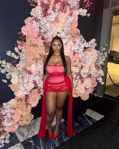 Image of Vssjavun Women Sexy Tube Mini Dress Mesh Strapless Backless Ruffle Bodycon Short Dresses for Birthday Party Club
