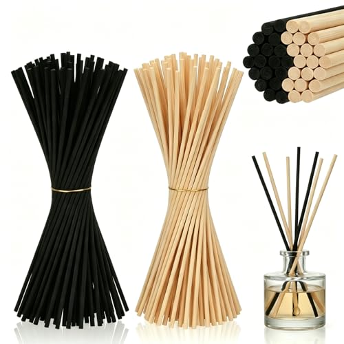 qjuwhua 100 Stück Duftstäbchen Nachfüllpack 25cm x 3mm Raumduft Stäbchen Rattanstäbchen Fiber Aroma Diffuser Stäbchen für Ätherische Öle im Home Office Hotel Spa Yogastudios (50xNatur 50xSchwarz)