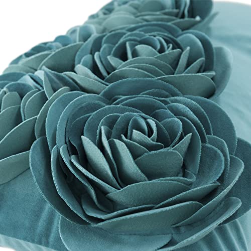 Jwh Handmade 3D Rose Flower Pillow Covers Decorative Velvet Throw Pillow Floral Accent Cases Aesthetic Pillowcase Cute Cushion For Bed Living Room Couch Decor Euro Shams 12X20 Inch Turquoise Blue #TOP4