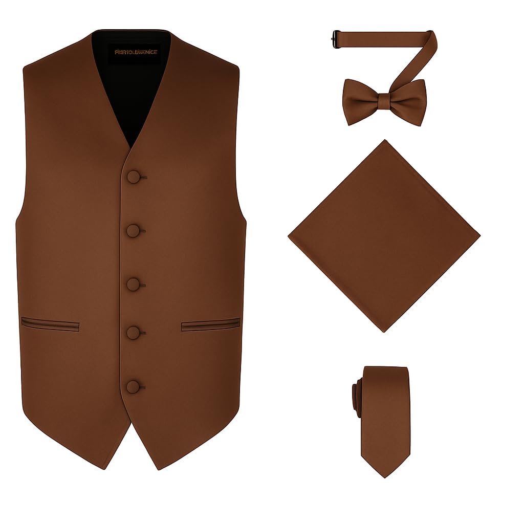 Oliver George 4pc Men's Solid Formal Suit Waistcoat Tuxedo Dress Vest Necktie Bowtie Handkerchief Set for Suit or Tuxedo, Brown, 4XL