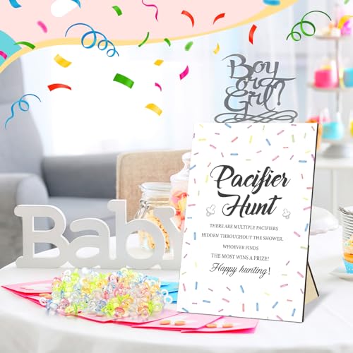 Image of Thyle 51 Pcs Confetti Sprinkle Baby Shower Games It's a Baby Sprinkle Party Decoration Pacifier Hunt Sign and 50 Acrylic Pacifiers Rainbow Confetti Sweet Donut Gender Reveal Party Decor