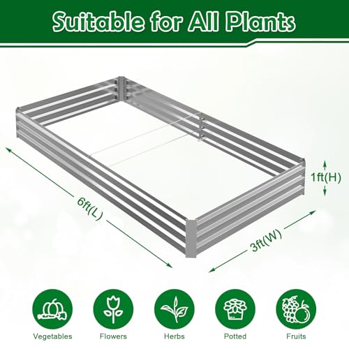 Image of 6x3x1FT Galvanized Raised Garden Bed, Metal Planter, Silver,1 Pack | Thick Galvanized Steel, Easy Assembly,Outdoor Patio,Open Bottom,Smooth Surface,Planter Kit for Vegetables, Herbs, Flowers