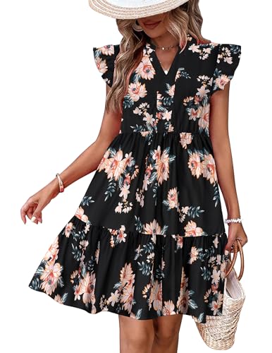 Image of HOTOUCH Women Printed Dress for Summer Short Ruffle Sleeve Dress Tiered Mini Dress with Pockets