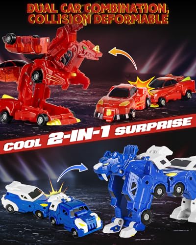 Image of Yivsen Collision Transforming Dinosaur Car Toy, 2 in 1 Magnetic Cars Transform into Dinosaur Toys, Car Crash Dino Robot Toy for Kids, Ideal Birthday Party Gift Toys for Kids Boys Girls, Red Blue