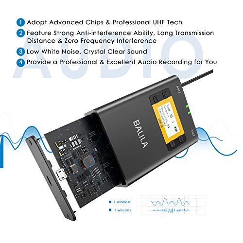 BALILA UHF 100-channel Wireless Lavalier Microphone System for DSLR Mirrorless Camera Camcorder Smartphone-Professional Wireless Lapel Microphone System for Interview YouTube Video Recording ENG EFP.