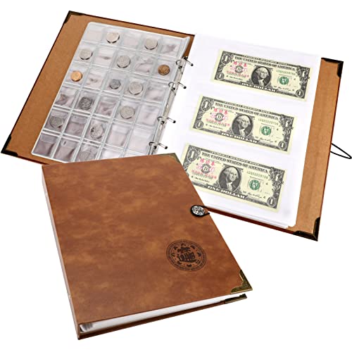 JIELISI Coin Collecting Holder Album, Large Storage Book for Collectors with 150 Coin Pockets and 240 Paper Currency Pockets, PU Leather Coin Currency Album Supplies Holders with Retro Buckle