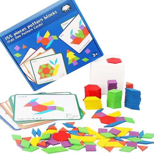 155 Pcs Wooden Pattern Blocks for Boys Girls Gift, Geometric Shape Pattern Set, Pattern Block Activity, Puzzles for Kids, Double Side Cards for 4 5 6 7 8 Years Old