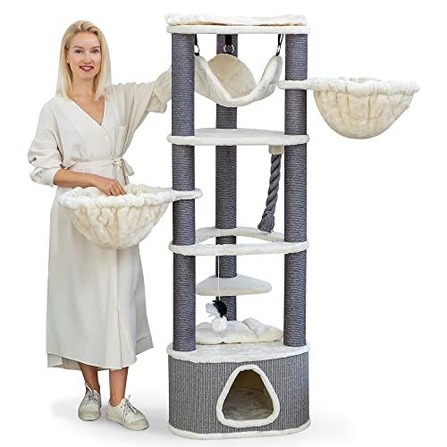 HAPPYPET Großer Kratzbaum Charlie 160 cm hoch | Premium Markenqualität | Katzenbaum stabil mit Hängematte für große Katzen | 9 cm Sisalstämme | 8 Ebenen für hohen Komfort | E1 geprüft Cover