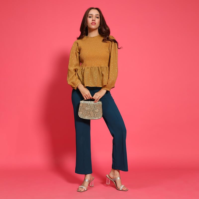 Image of oxolloxo Women Round Neck Long Sleeve Smocked Peplum Top