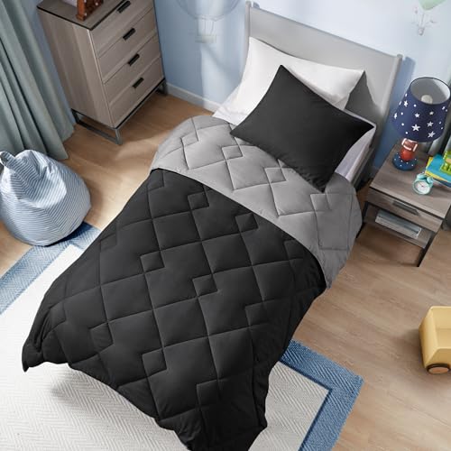 Image of Comfort Spaces aa‚¬a€oe Vixie Reversible Goose Down Alternative Comforter Mini Set - 2 Piece aa‚¬a€oe Black and Grey aa‚¬a€oe Stitched Geometrical Diamond Pattern aa‚¬a€oe Twin /Twin XL Size, Includes 1 Comforter, 1 Sham