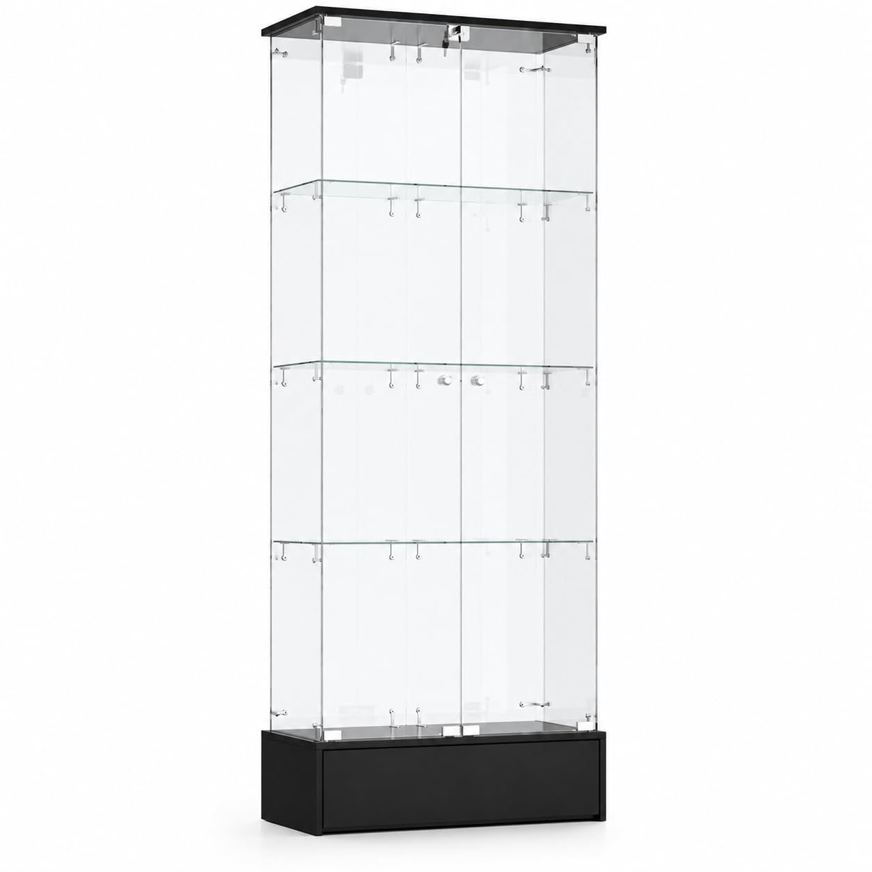 Vitrina de Cristal con Cajón Inferior, 4 Niveles, Estantes de Vidrio y Marco Negro, 69,9 x 35,3 x 179,8 cm, para Coleccionables, Figuras y Decoración