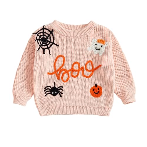 Image of BULINGNA Toddler Baby Girl Boy Halloween Outfit Long Sleeve Ghost Boo Embroidery Knit Sweater Fall Winter Pullover Tops