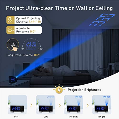 Mpow Projection Alarm Clock, Radio Digital Clock with USB Charger, 0-100% Full Range Brightness Dimmer, Dual Alarm Clock with 5 Sounds for Heavy Sleeper, Snooze - Thumbnail 5