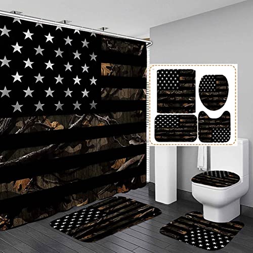 SKAILIÉ 4PCS Camo Black American Flag Shower Curtain Set, Camouflage USA Flag Woodland Forest Hunting Cabin Country Rustic Farmhouse Bathroom Decor, Waterproof Fabric Shower Curtain, Non-slip Bath Mat SKAILIÉ 4PCS Camo Black American Flag Shower Curtain Set, Camouflage USA Flag Woodland Forest Hunting Cabin Country Rustic Farmhouse Bathroom Decor, Waterproof Fabric Shower Curtain, Non-slip Bath Mat