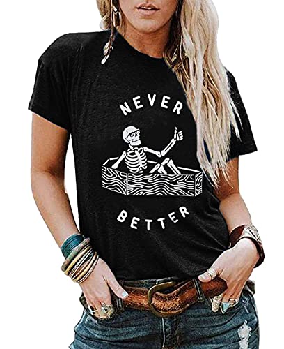 Halloween Shirts for Women Never Better Skeleton Shirt Spooky Season Tee