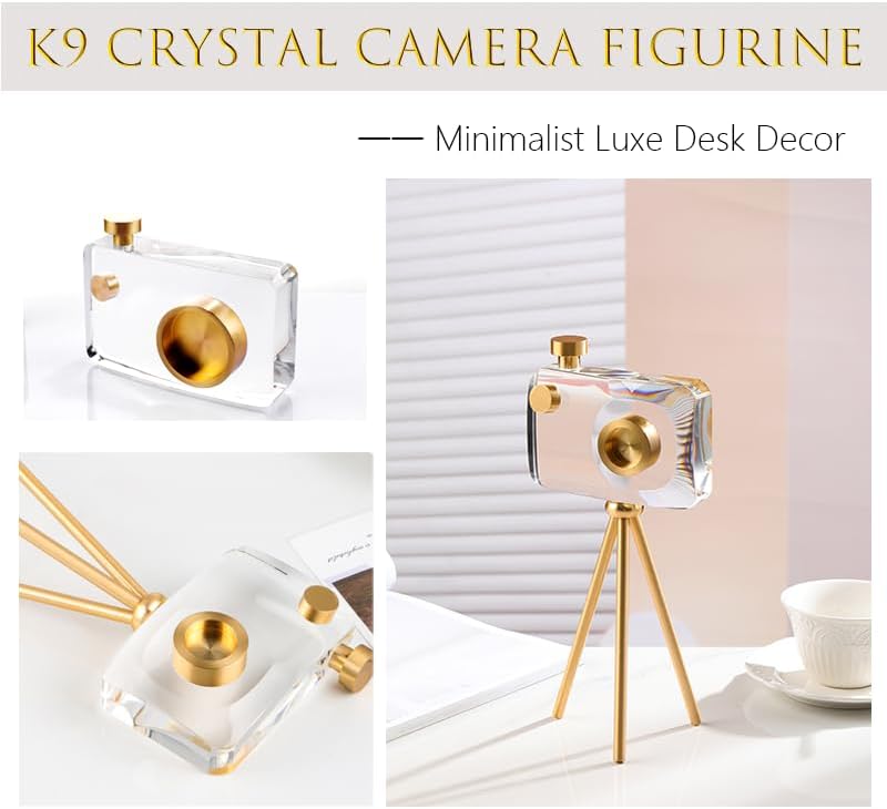 Miniatura 6 de Soporte de cámara de cristal dorado con soporte, decoración moderna del hogar, modelo de cámara grabada transparente, adecuado para decoración única