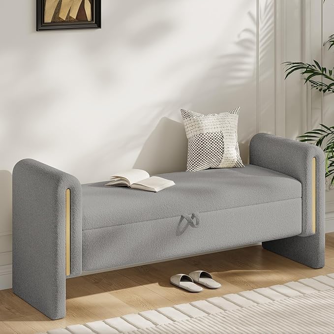 52" Storage Ottoman Bench, Teddy Upholstered End of Bed Bench with Pull-Ring, Modern Storage Bench with H-Shaped Design, Sturdy Entryway Bench for Bedroom (Grey)