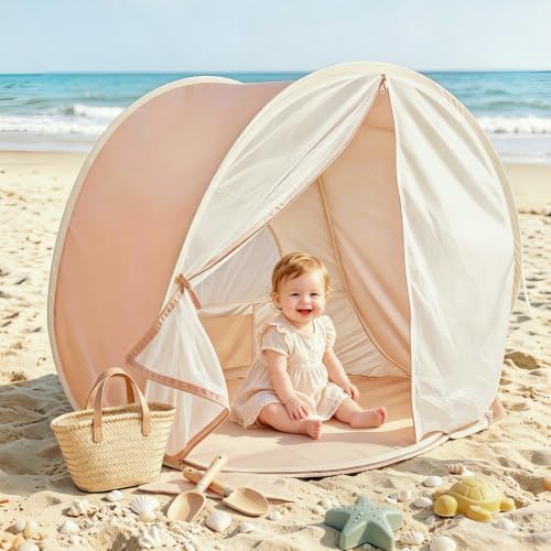 Pivoryla Baby Beach Tent Pop Up Baby Tent with UV Protection 37x29x33 Baby Sun Shade Portable Baby Beach Essentials | 1.2lbs Lightweight Sand-Proof Mesh Door 4 Steel Stakes & Carry Bag