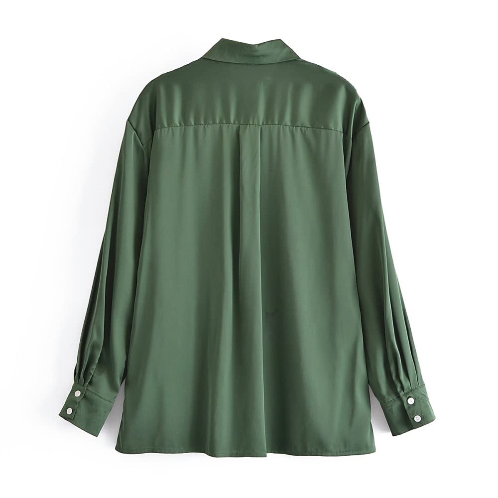 Lockeres Damenhemd,Damen Satin Bluse Shirt Dunkelgrün Langarm Vintage Mode Seidenhemden Business Hemd Mit Knopf Sexy Party Tops Lässige Arbeit Bürobluse Für Mädchen Damen