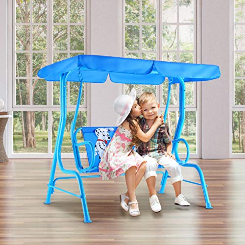 Happygrill Mini Patio Swing 2 Seats Porch Swing With Safety Belt Outdoor Lounge Chair Hammock With Canopy For Kids, Blue #TOP2