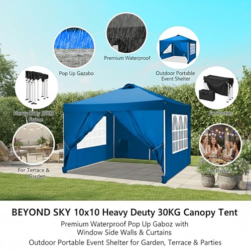 Image of PERGOLA Design 10x10 Heavy Duty 30KG Canopy Tent with Window Side Walls & Curtains | Premium Waterproof Pop Up Gazebo Outdoor Portable Event Shelter for Garden, Terrace & Parties (Blue)