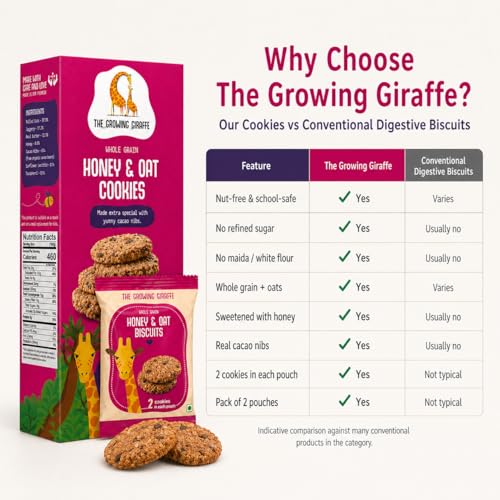 Image of The Growing Giraffe Whole Grain Honey & Oat Cookies Made Extra Special with Yummy Chocolate Chips Tasty, Healthy & Nutritious Cookies, Artificial Flavor & Color Free - 160 Grams (Pack of 2)