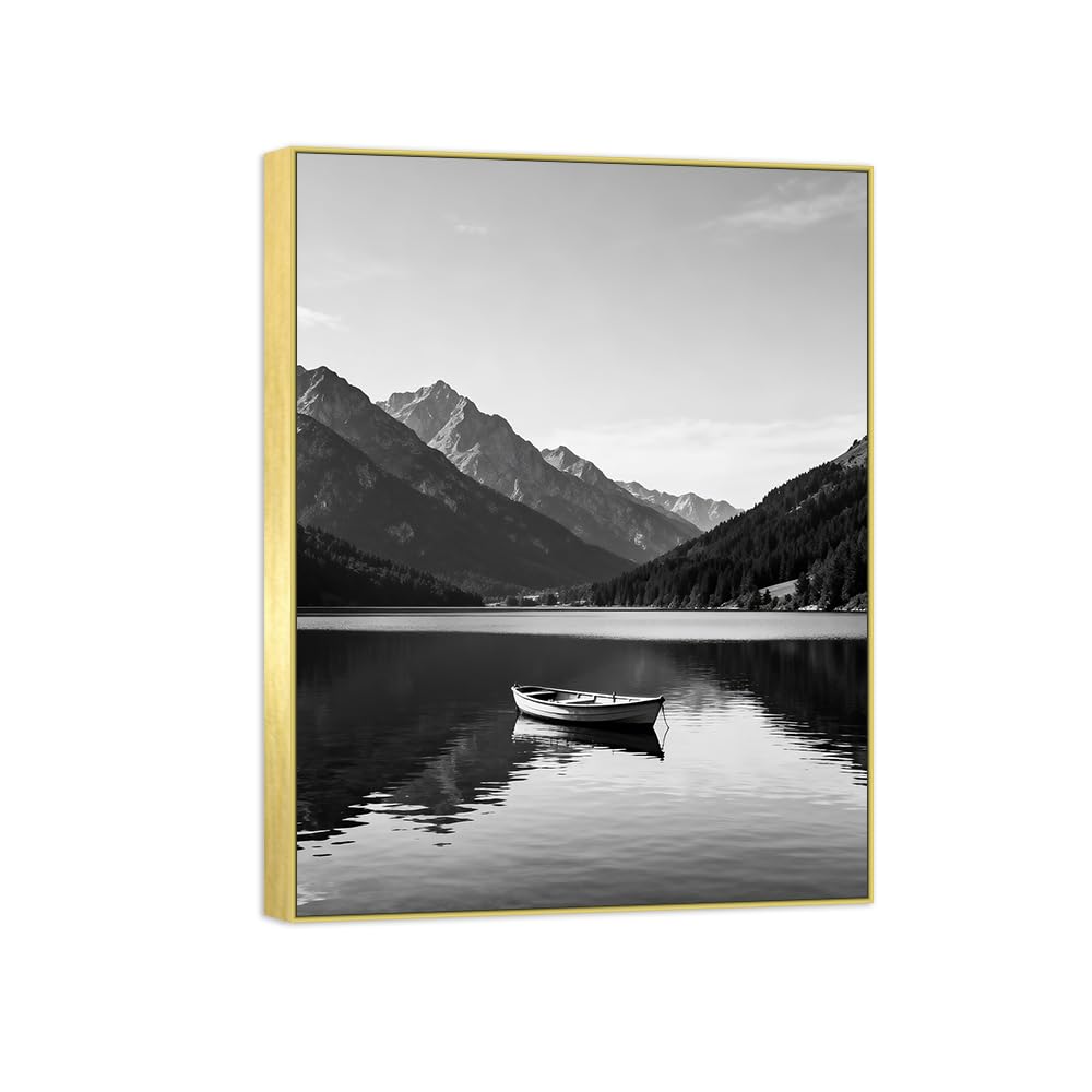 Lake Mountain 2 Black White Landscape Canvas Picture 50x65cm Gold Frame