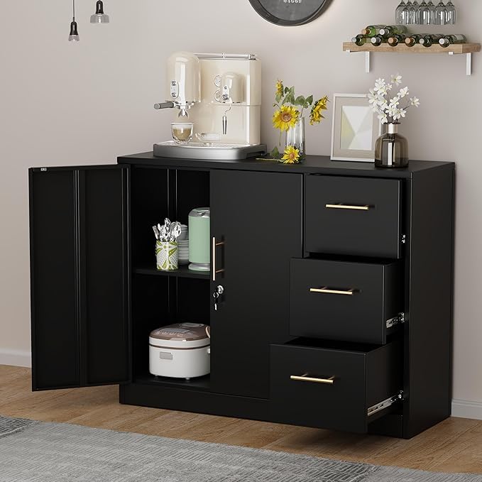 GAIOUS Lateral File Cabinet with 3 Drawers, Metal Storage Cabinet with Lock, Black Sideboard Buffet, Multi-Functional Accent Cabinet for Home Office