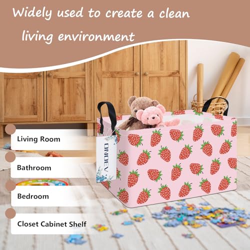 Image of Rectangular Strawberry Laundry Storage Bin for Adults and Kids | Damp resistant canvas fabric, sturdy stitched carry handles, foldable design organizes closet and playroom daily supplies