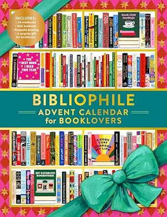 Sitting on four shelves are small, decorative books with a wide variety of titles. In the center is a large, green box that contains in gold text "Bibliophile Advent Calendar for Booklovers." A green bow is wrapped around the bottom right corner.