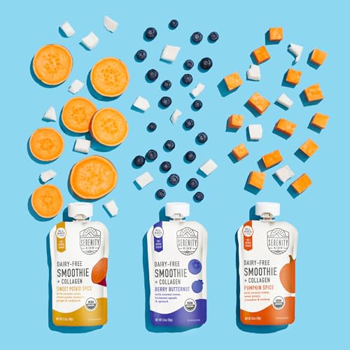 Image of Serenity Kids 6+ Months Dairy Free Smoothie Baby Food Pouches - Protein Snack Pouches with Grass-Fed Collagen & Healthy Fats - USDA Organic Baby Food with No Added Sweeteners - 3.5 Fl Oz, Pack of 8