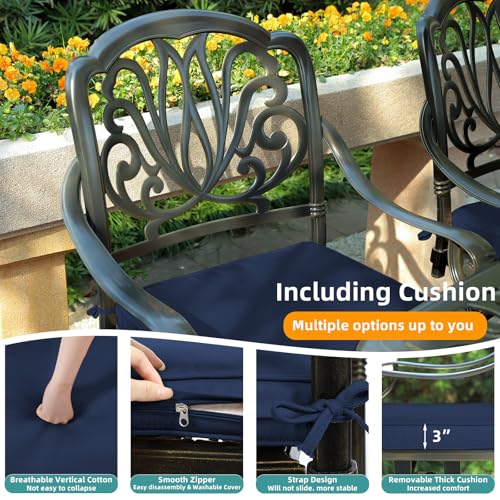 Image of MEETWARM 7-Piece Outdoor Patio Dining Set, 6 Outdoor Dining Cushioned Chairs and 1 Rectangle Table with 2 inch Umbrella Hole, All Weather Cast Aluminum Patio Funiture Set for Backyard, Navy Blue