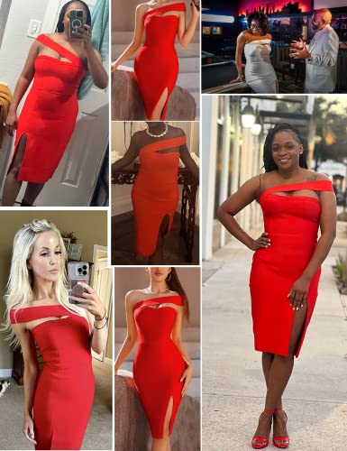 Image of meilun Women's One Shoulder Bandage Dresses for Women Wedding Guest Sexy Formal Midi Dress