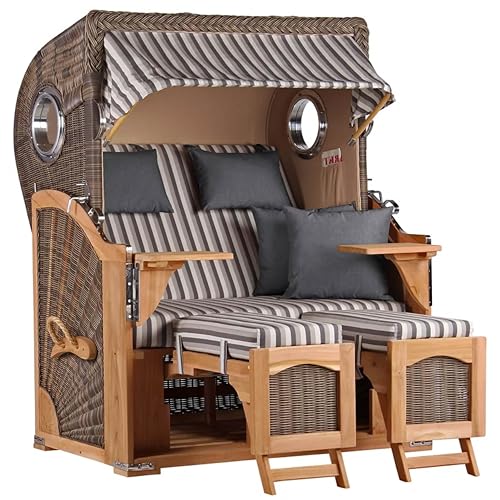MR. DEKO® Strandkorb Düne Teak 2-Sitzer Bullauge | PE Geflecht...