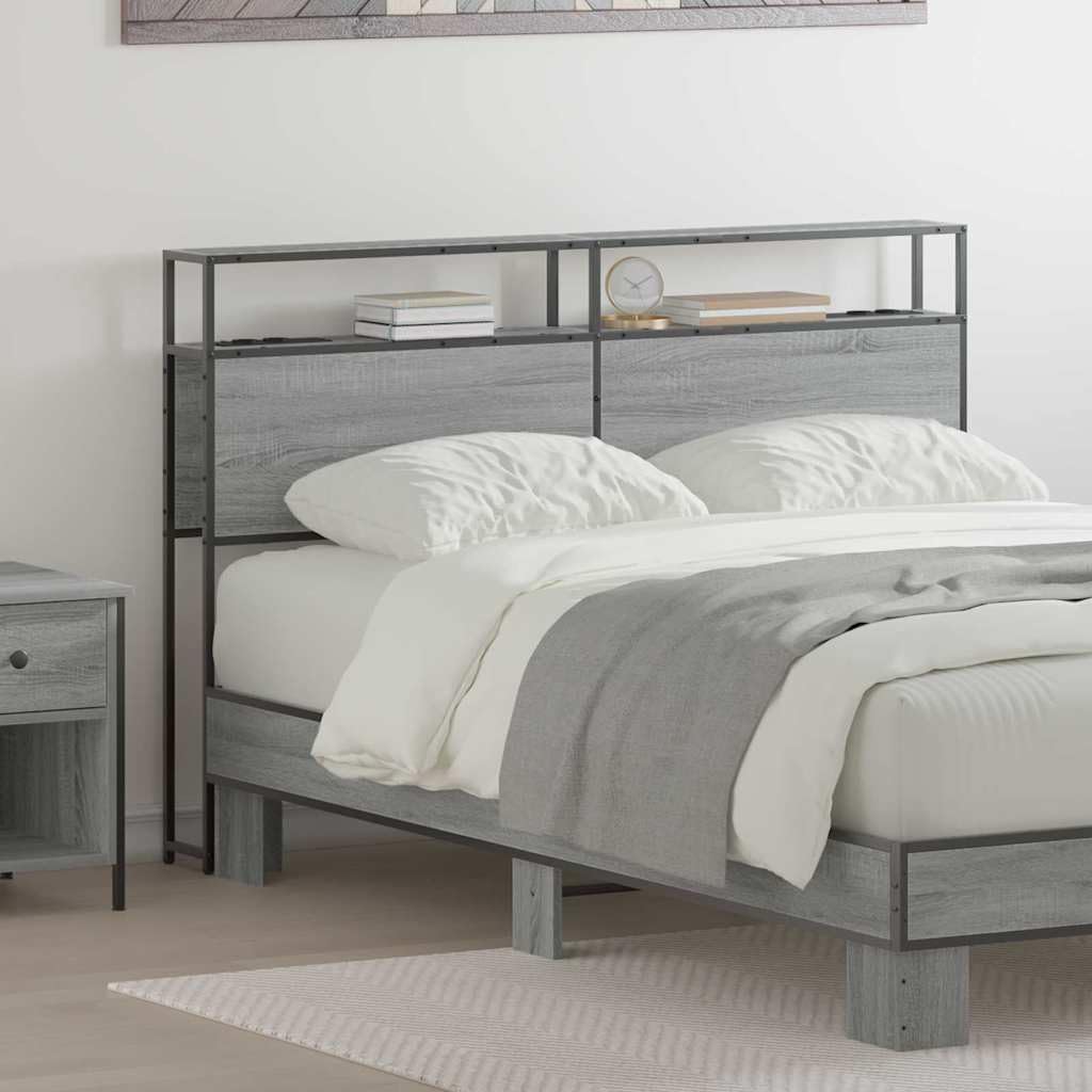 Tête de lit avec rangement et étagères intégrées en bois et métal Gris Sonoma 160 cm avec prises intégrées pour chambre moderne
