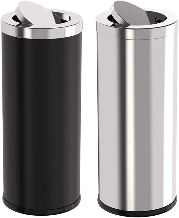 Indoor Trash cans Stainless Steel Swing-top Trash Can Outdoor Shopping Mall Hotel Round Trash Can Indoor Garbage cans(Black,L)