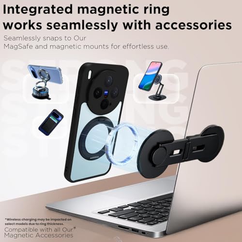 Image of RIGGEAR Shockproof Sleek Hybrid Armor 360 Rotating Magnetic Ring Stand Back Cover Case Compatible with MagSafe Accessories for Vivo X300 (Clear PC + Black TPU Bumper)