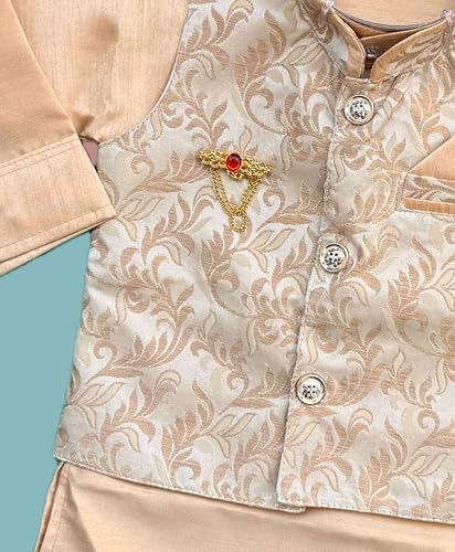 Image of Little Kids Ethnic Wear Kurta Pyjama and Waistcoat Set For Boys | Stylish Ethnic Wear | 3-piece set | Silk and Cotton Blend Fabric