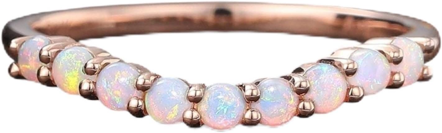 Round Cut Opal Curved Wedding Band Vintage Rose Gold Wedding Band Nine Opal Ring Stacking Band Unique Promise Ring Christmas Gift - Image 1 of 9