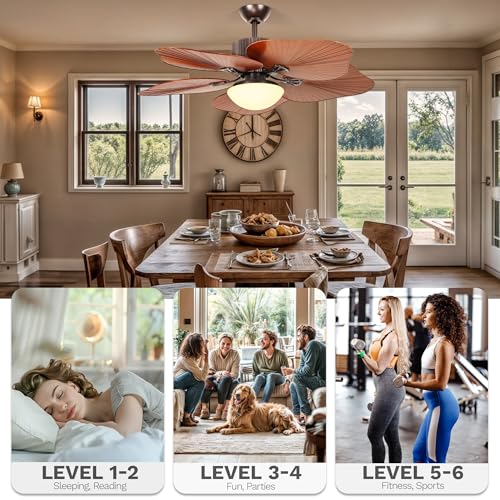 DWVO 46 Inch Ceiling Fan with Lights and Remote, Tropical Palm Leaf Blades Ceiling Fan for Living Room Dining Room Bedroom, Reversible Quiet Motor, 6 Speeds, Dimmable