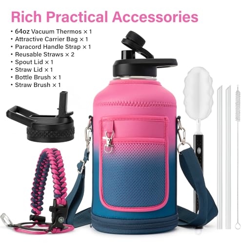 Insulated Water Bottle | Thickened Stainless Steel Vacuum Metal | Portable Sports Half Gallon Large Water Jug for Gym and Hiking with Straw, Carrier Bag, Handle Strap | BPA-Free 64 oz