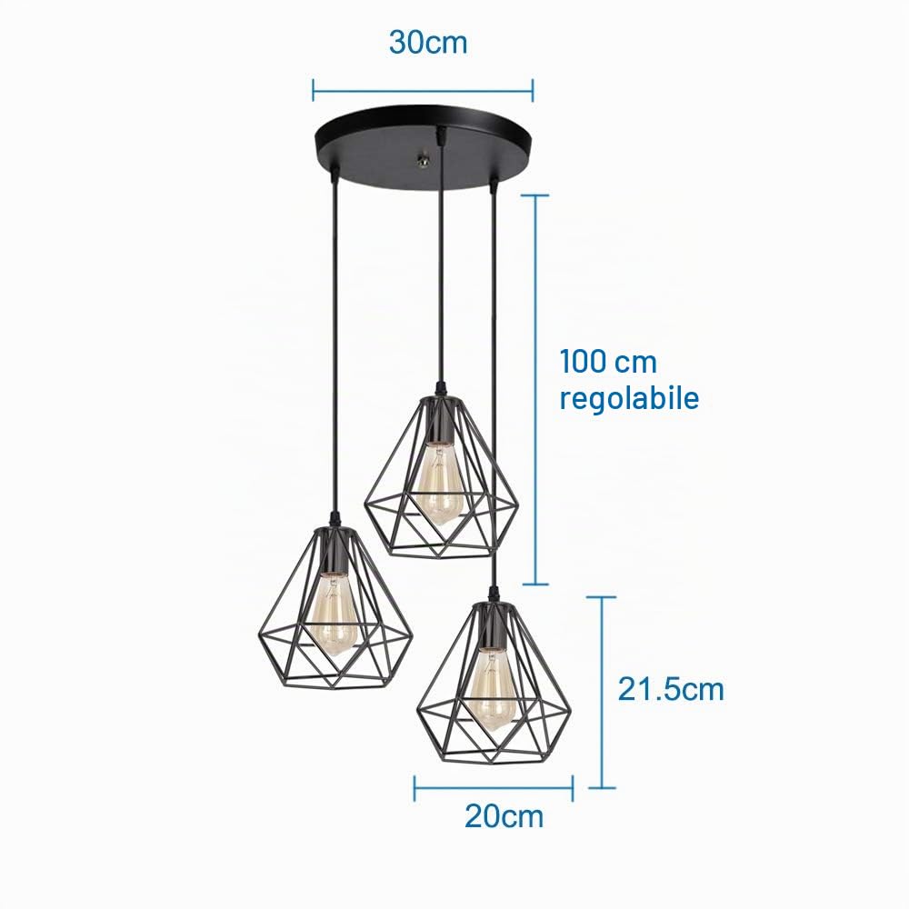 iDEGU Lampada a Sospensione Industriale, Retrò Lampadario 3 Luci Vintage E27 Lampadario a Sospensione Stile Gabbia Geometrica Lampada da Soffitto, Ø 20cm, Nero