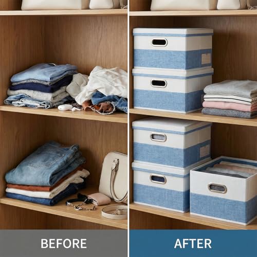 Image of PRANDOM Storage Bins with Lids [3-Pack] Linen Fabric Foldable Storage Boxes Organizer Containers Baskets Cube with Cover for Bedroom Closet Office Blue&White（11.4X8.6X6.7