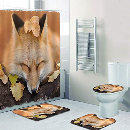 Duschvorhang Tierfuchs Badezimmerteppich 4-Teiliges Set, Duschvorhang 180x180 Polyester+Badematte rutschfeste(45x75)+U…