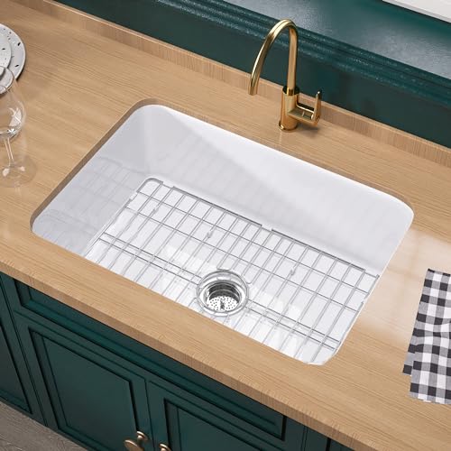 Miuara White Undermount Kitchen Sink 27 Inch - Topmount Fireclay Drop In Sink 27'x19'x10', Dual Mount Heavy Duty Deep Single Bowl, w 2 Accessories, Glossy White, for Kitchen & Laundry & Small Space