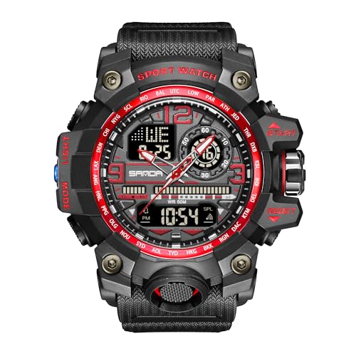 KXAITO Mens Watches Sports Outdoor Waterproof Military Watch Date Multi Function Tactics LED Face Alarm Stopwatch for Men (3133_Red)