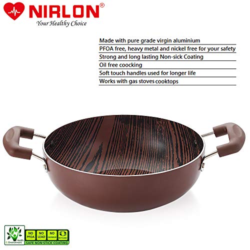 Image of Nirlon Woody Non Induction Base Non Stick Aluminium 2 Piece Pots and Pan Set [Flat Dosa Tawa 26cm + Deep Kadhai 24cm - 3 Liter]